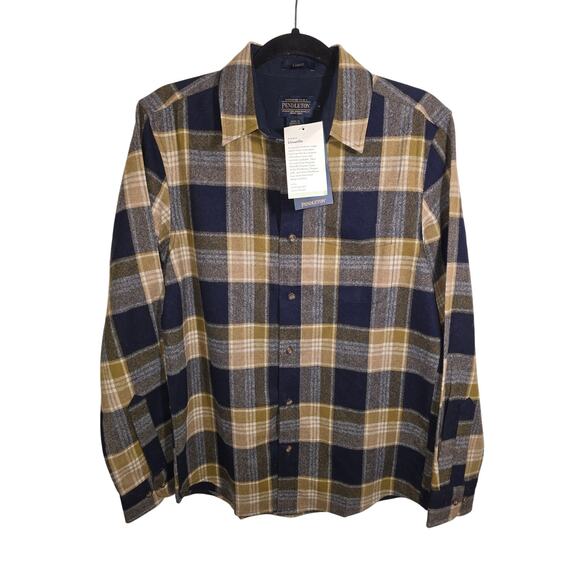 NWTags Mens Pendelton Lodge Plaid 100% Virgin Wool Button Up Shirt Blue Yellow - Picture 1 of 9